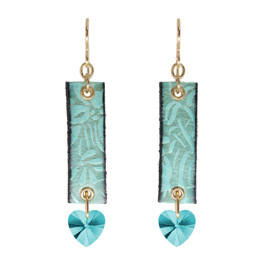 Spring and Summer LC Earrings / 60mm Length / embossed floral leather cord / crystal heart / gold filled hook earwires
