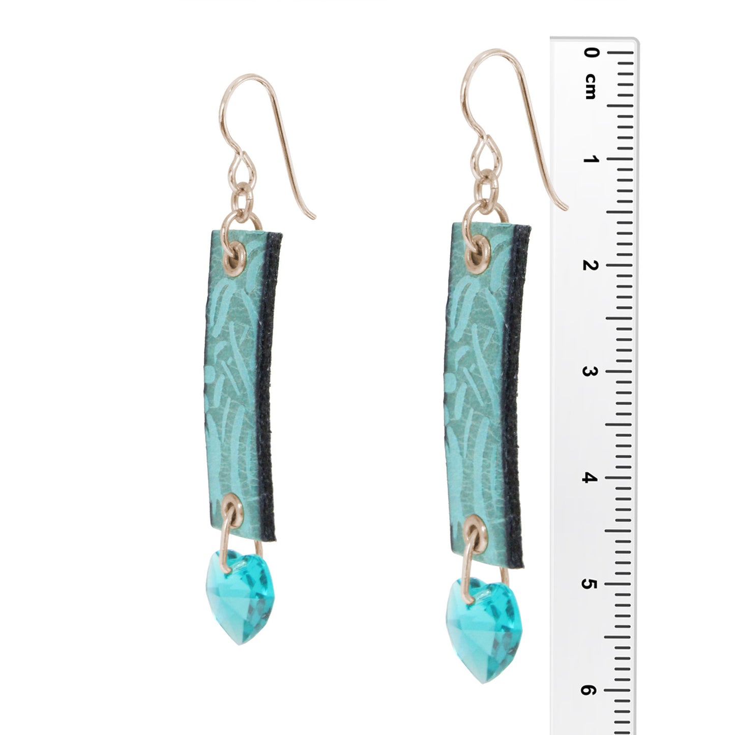 Spring and Summer LC Earrings / 60mm Length / embossed floral leather cord / crystal heart / gold filled hook earwires