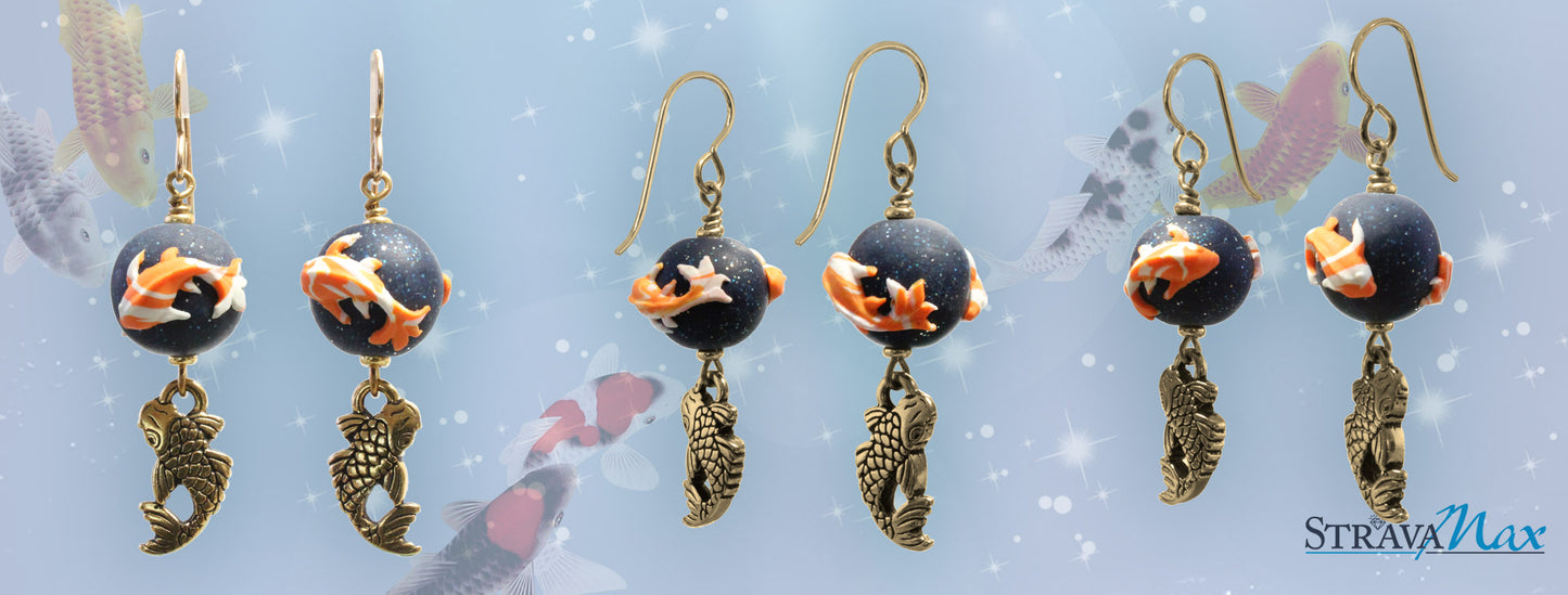 Celestial Koi Earrings / 50mm length / gold pewter charms / gold filled hook earwires