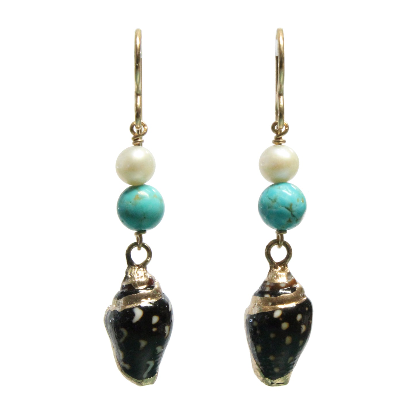Shell Earrings / 45mm length / stabilized genuine turquoise (#8 Mine Nevada) / gold filled hook earwires