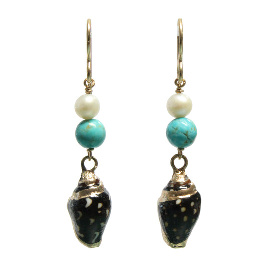Shell Earrings / 45mm length / stabilized genuine turquoise (#8 Mine Nevada) / gold filled hook earwires