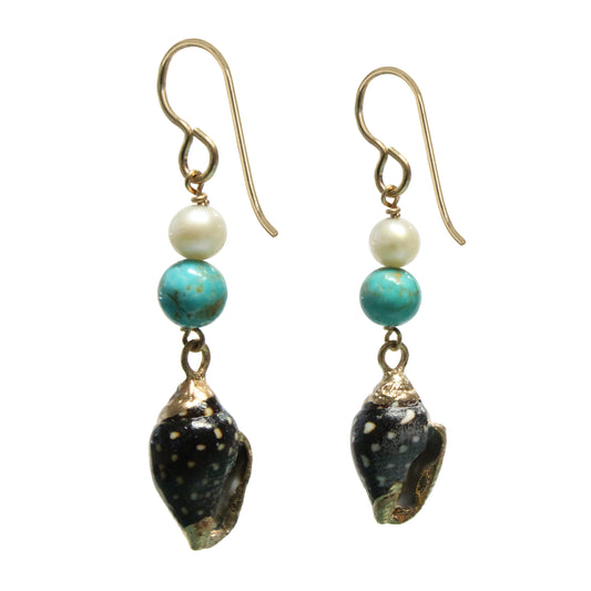 Shell Earrings / 45mm length / stabilized genuine turquoise (#8 Mine Nevada) / gold filled hook earwires