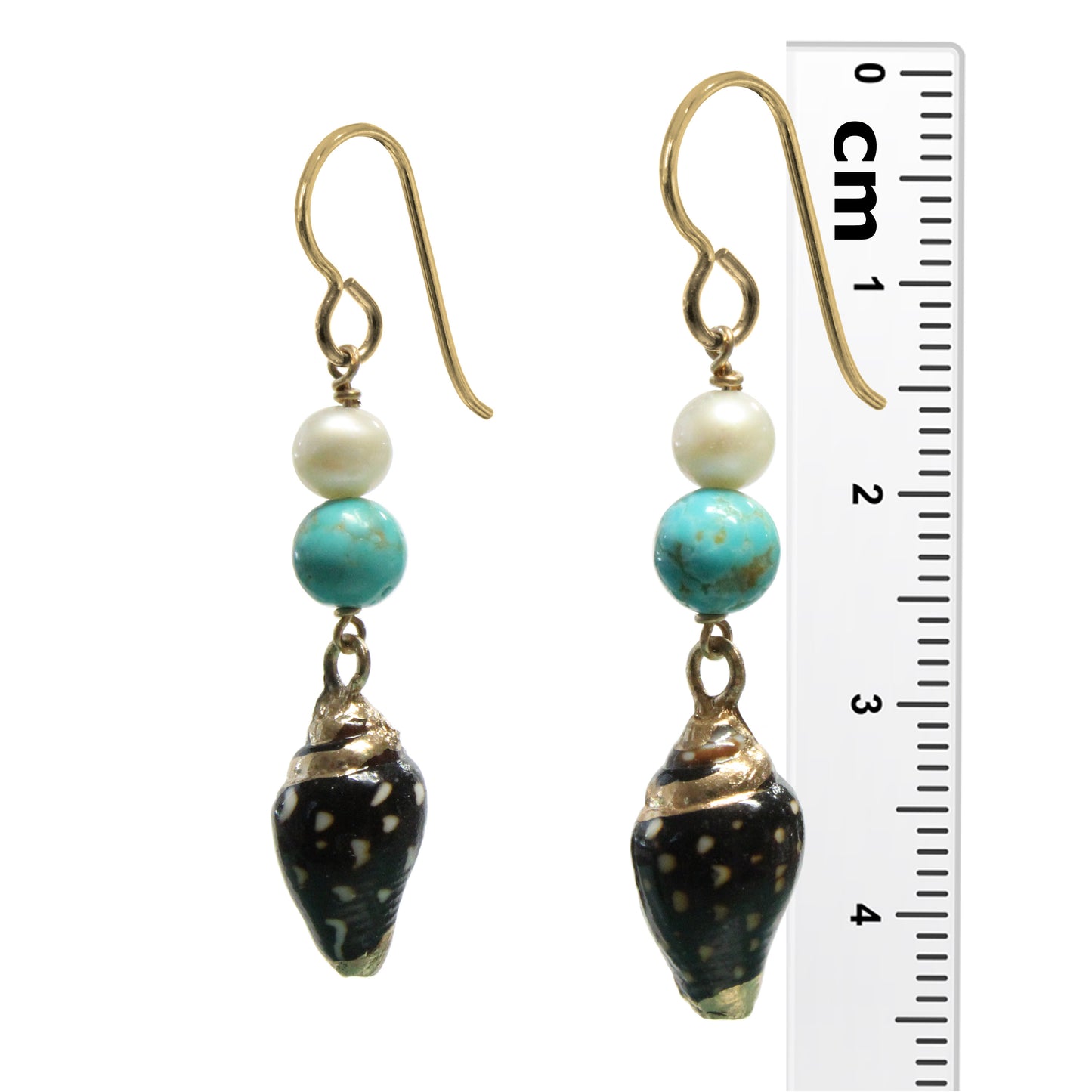 Shell Earrings / 45mm length / #8 Mine turquoise gemstones / gold filled hook earwires