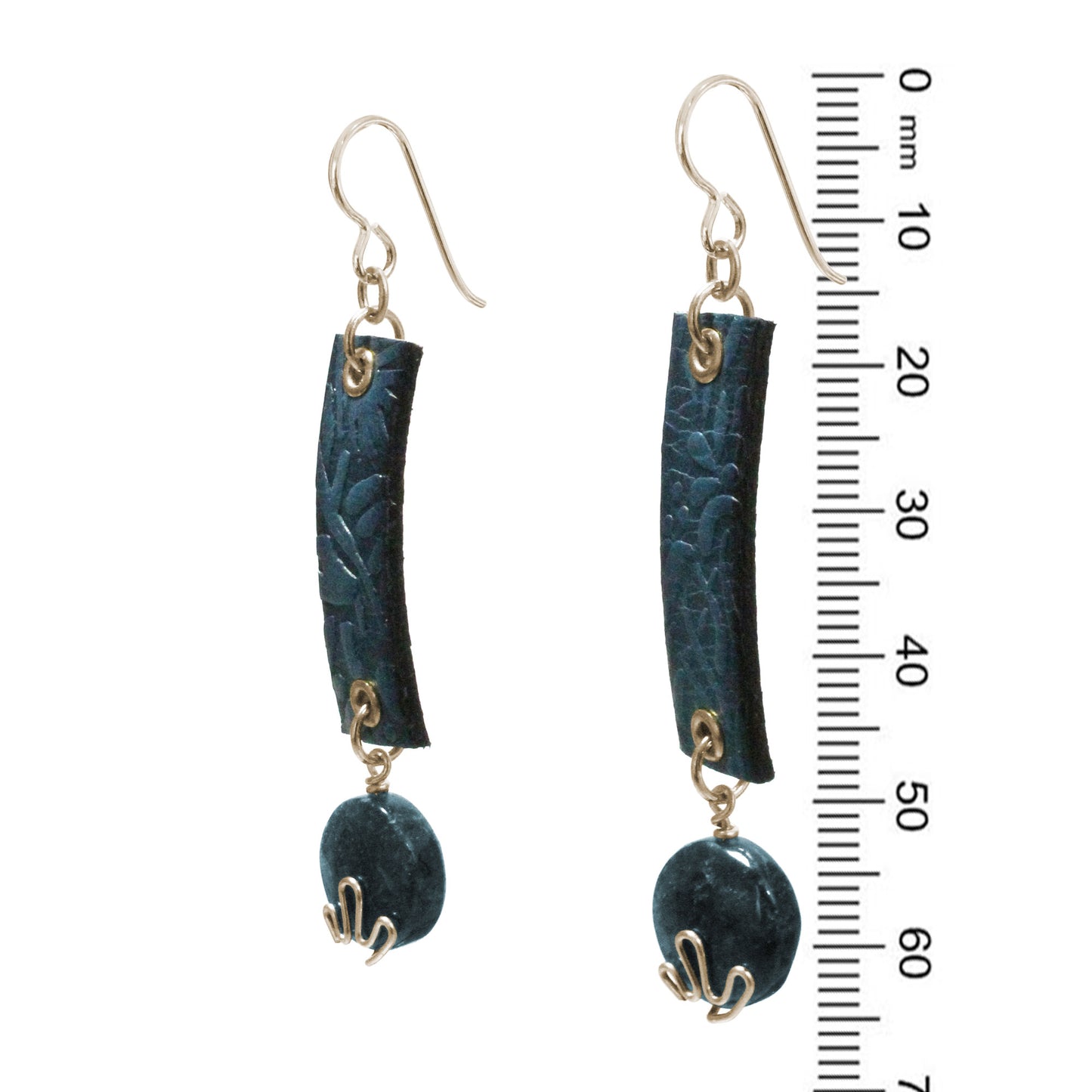 Blue Apatite Earrings / 65mm length / embossed floral leather / gold filled hook earwires