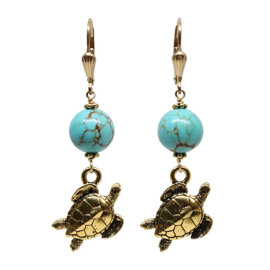 Sea Turtle Earrings / 53mm length / #8 Mine turquoise gemstones / gold filled shell leverback earwires