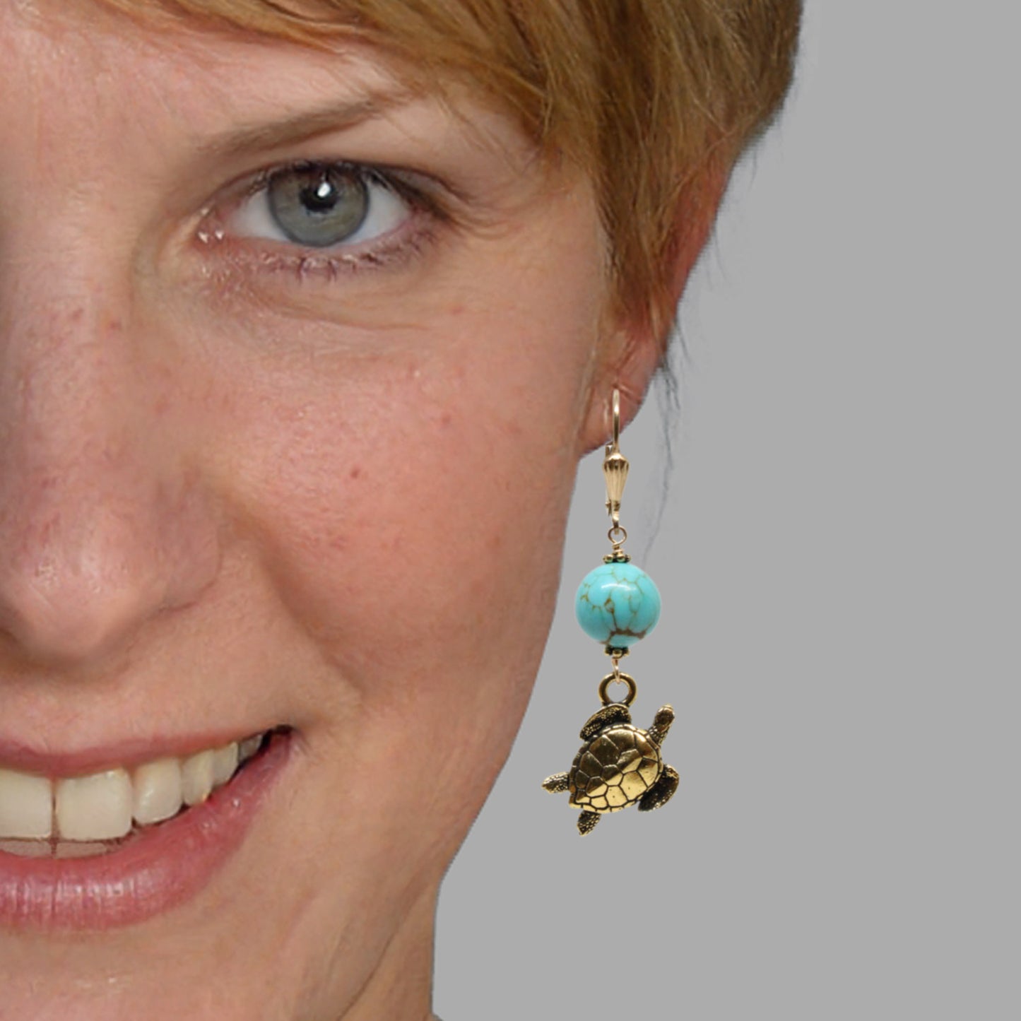 Turquoise Sea Turtle Earrings – Genuine Nevada Turquoise & Gold Pewter Charms