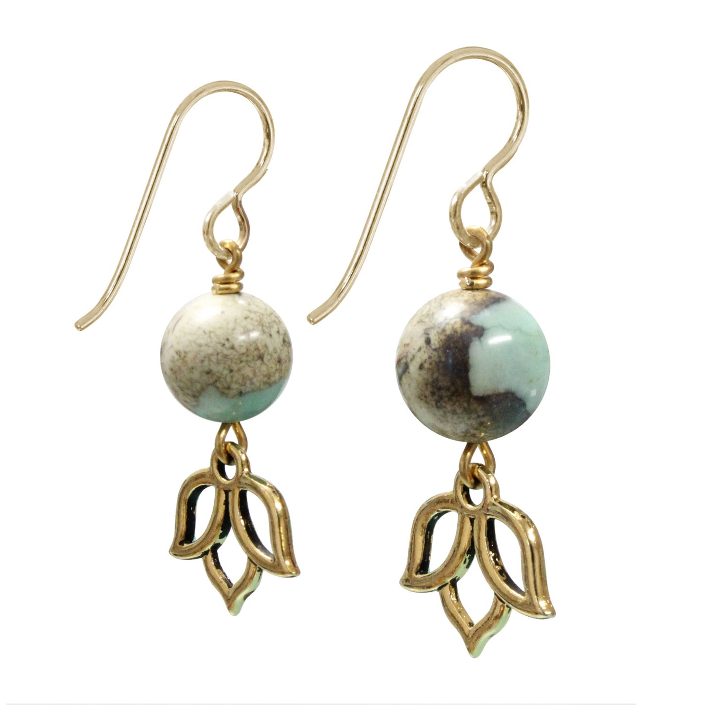 Terra Agate Earrings / 40mm length / hand painted lotus charms / gold filled earwires