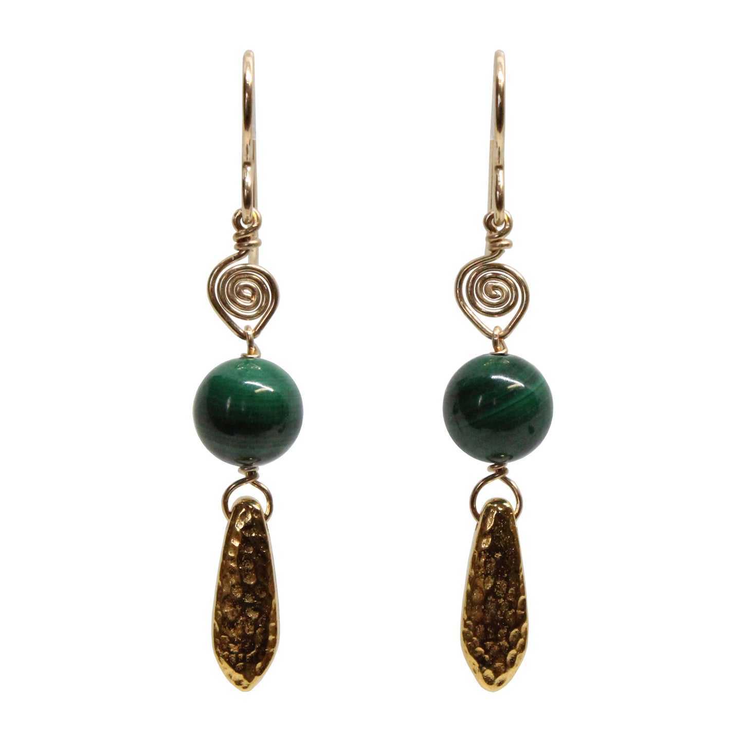 Green Malachite Earrings / 50mm length / with gold filled earwires and pewter hammertone dagger beads