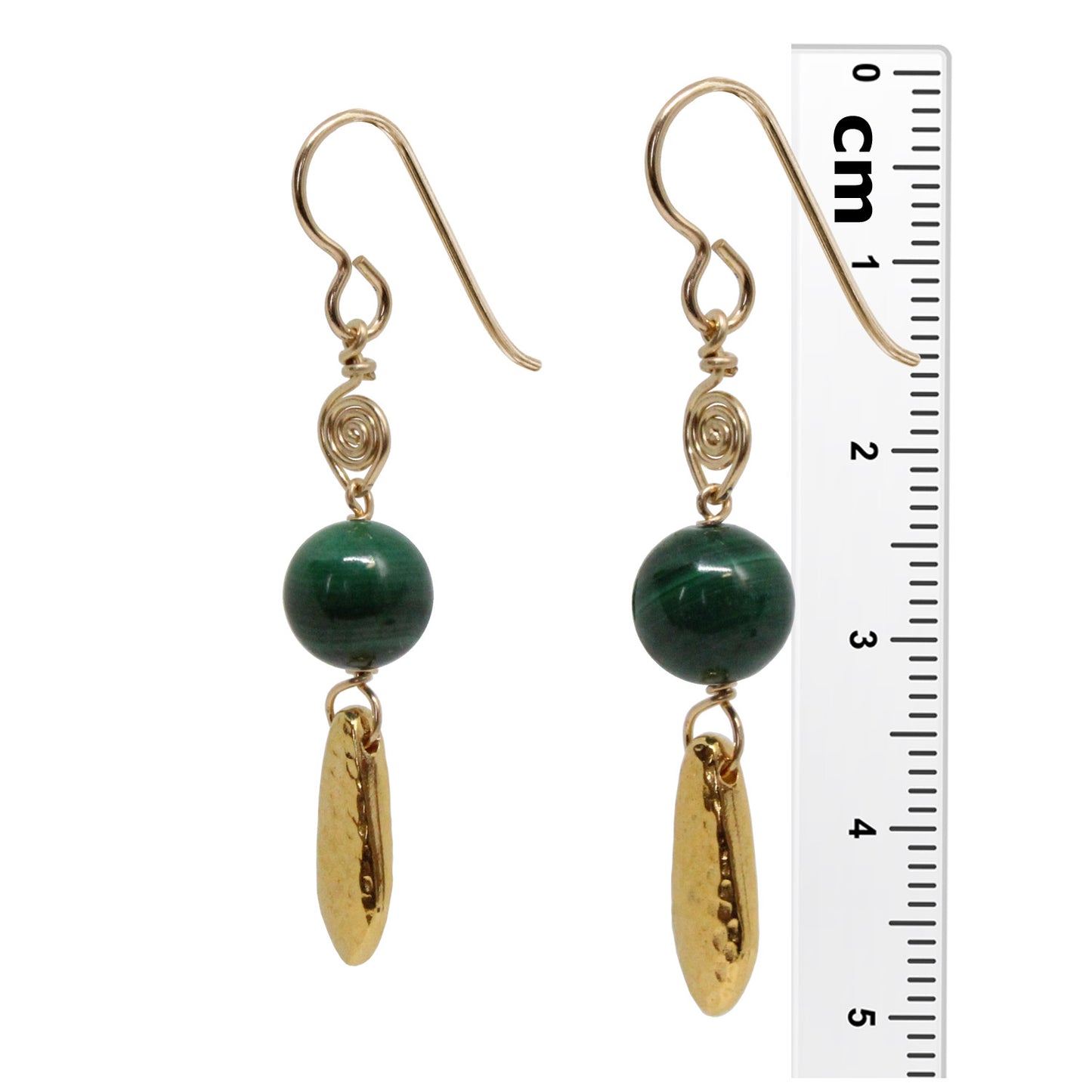 Green Malachite Earrings / 50mm length / with gold filled earwires and pewter hammertone dagger beads