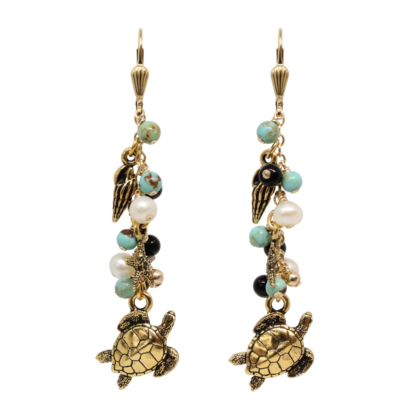 Sealife Cascade Earrings / 65mm length / stabilized genuine turquoise (#8 Mine Nevada) / gold filled shell leverback earwires