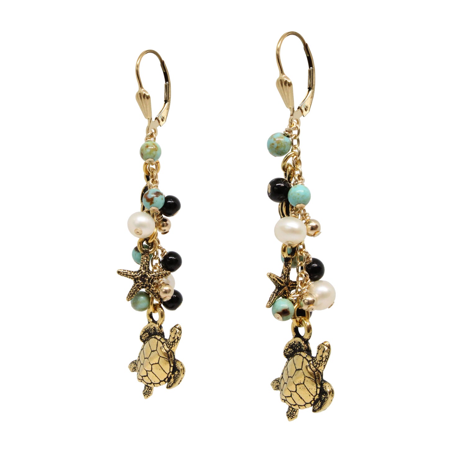Sealife Cascade Earrings / 65mm length / stabilized genuine turquoise (#8 Mine Nevada) / gold filled shell leverback earwires