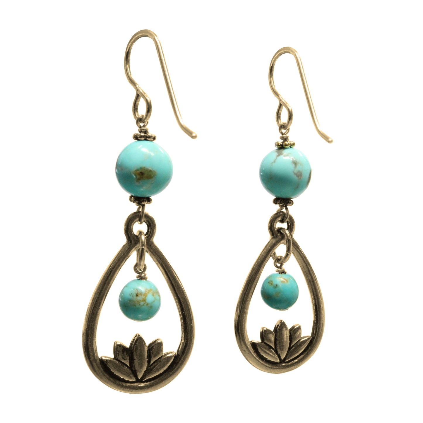 Lotus Earrings / 58mm length / stabilized #8 Mine turquoise / gold filled hook earwires