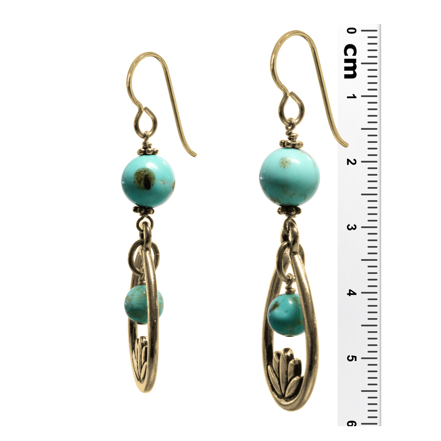 Lotus Earrings / 58mm length / stabilized #8 Mine turquoise / gold filled hook earwires