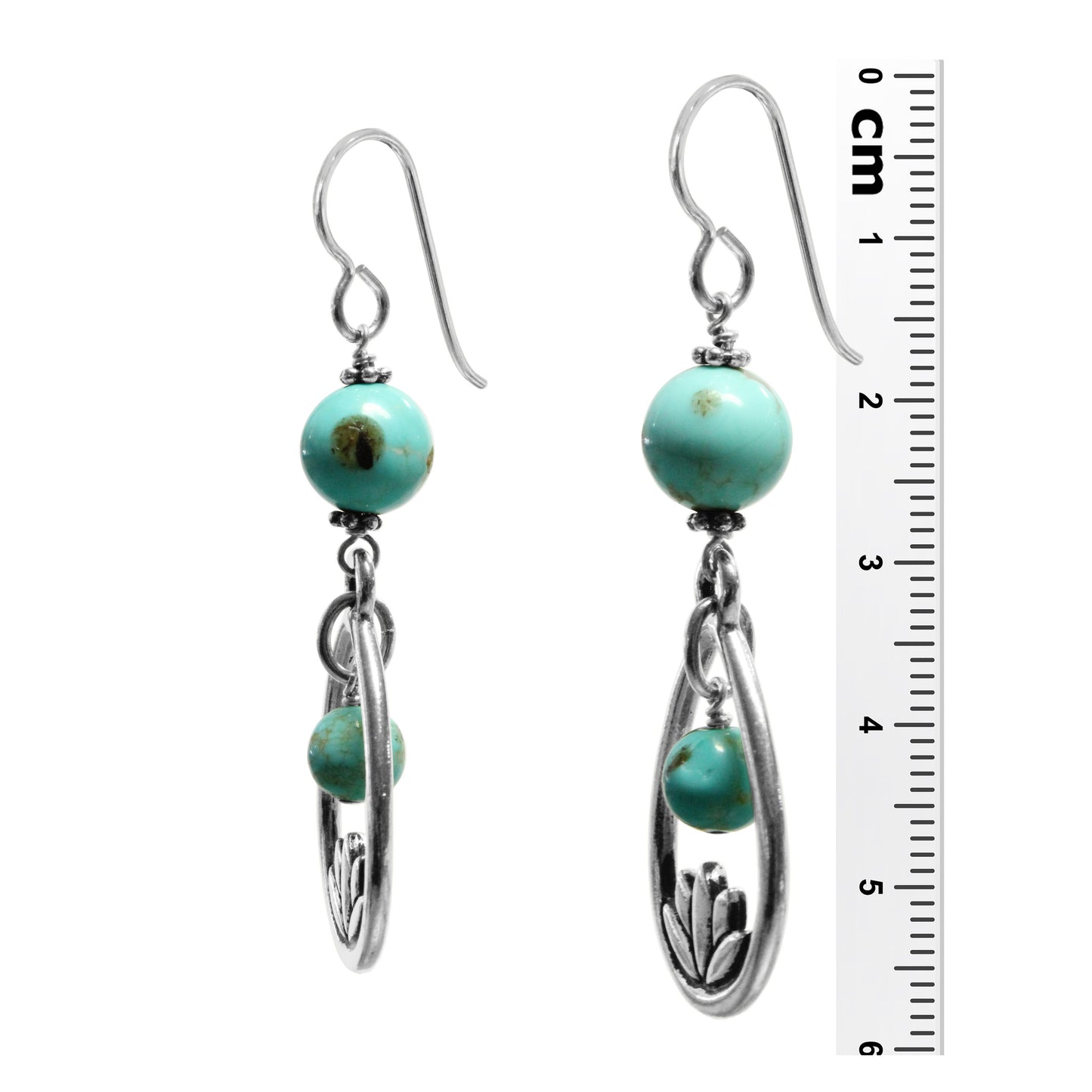 Lotus Earrings / 58mm length / #8 Mine turquoise gemstones / sterling silver hook earwires