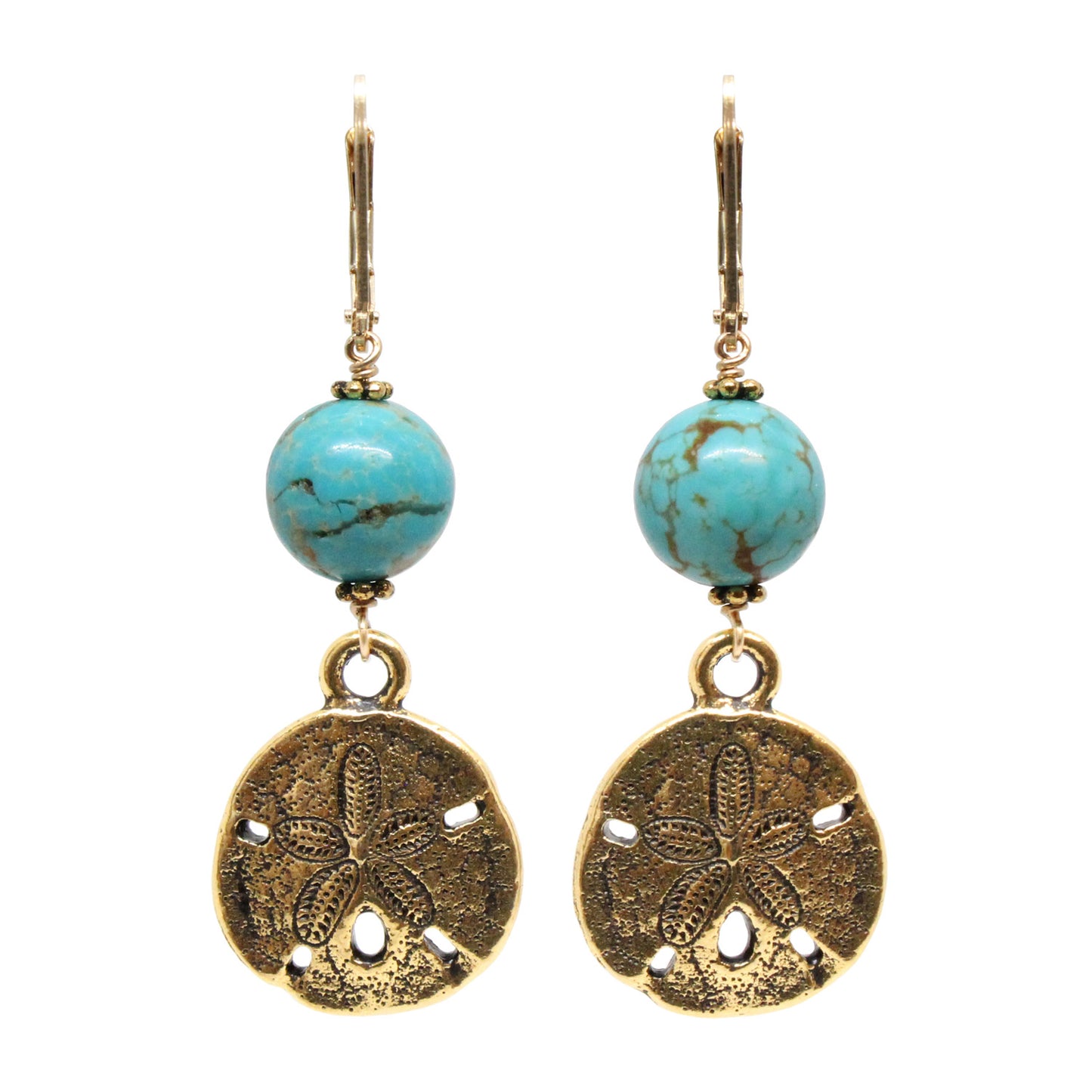 Sand Dollar Earrings / 50mm length / stabilized genuine turquoise (#8 Mine Nevada) / gold filled leverback earwires