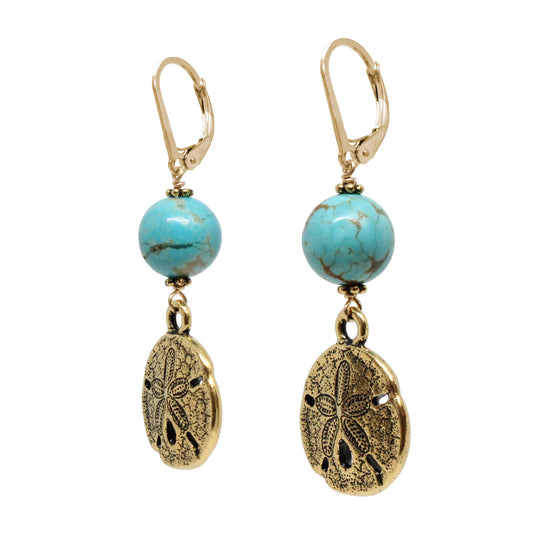 Sand Dollar Earrings / 50mm length / stabilized genuine turquoise (#8 Mine Nevada) / gold filled leverback earwires