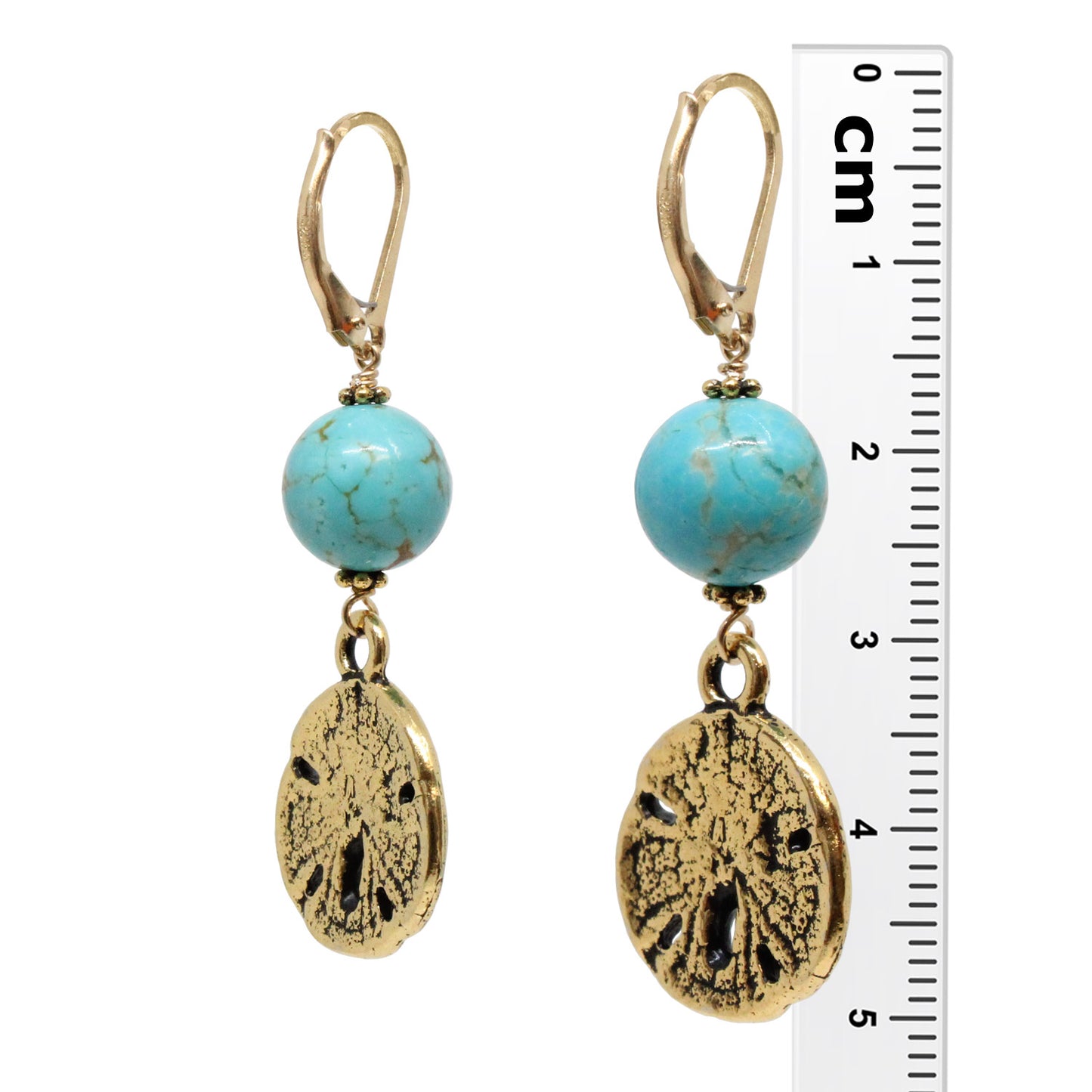 Sand Dollar Earrings / 50mm length / stabilized genuine turquoise (#8 Mine Nevada) / gold filled leverback earwires