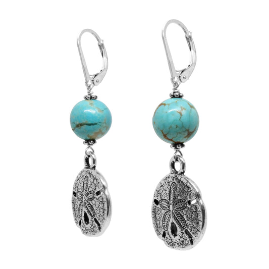 Sand Dollar Earrings / 50mm length / stabilized genuine turquoise (#8 Mine Nevada) / sterling silver leverback earwires