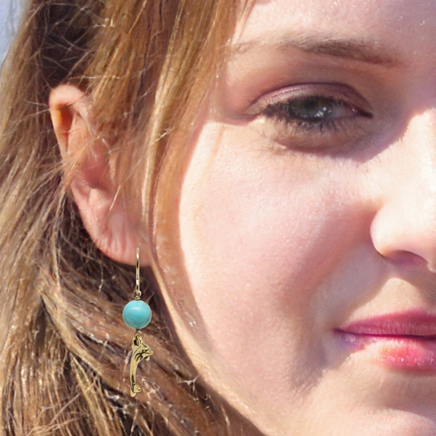 Dolphin Earrings / 43mm length / stabilized genuine turquoise (#8 Mine Nevada) / gold filled hook earwires