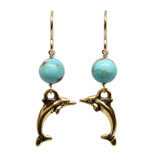 Dolphin Earrings / 43mm length / #8 Mine turquoise gemstones / gold filled hook earwires