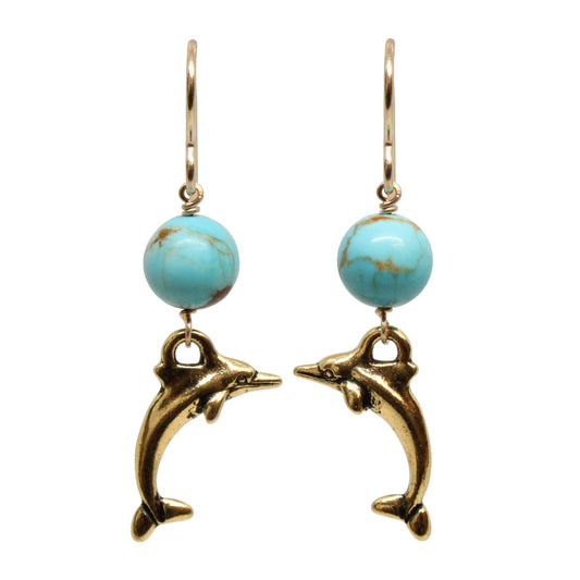 Dolphin Earrings / 43mm length / stabilized genuine turquoise (#8 Mine Nevada) / gold filled hook earwires