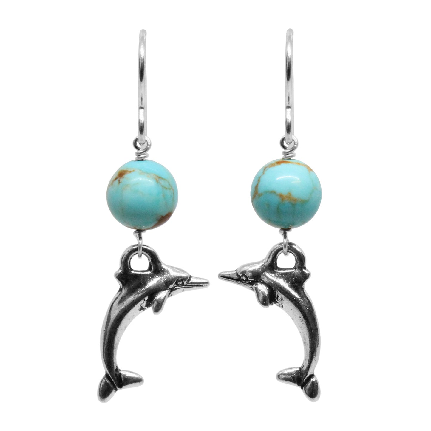Dolphin Earrings / 43mm length / stabilized genuine turquoise (#8 Mine Nevada) / sterling silver hook earwires