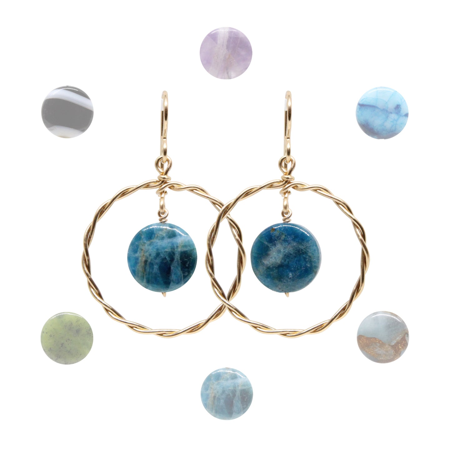 Twisted Wire Hoop Earrings / 45mm length / gold filled hook earwires / coin bead gemstones / select from one of 6 choices