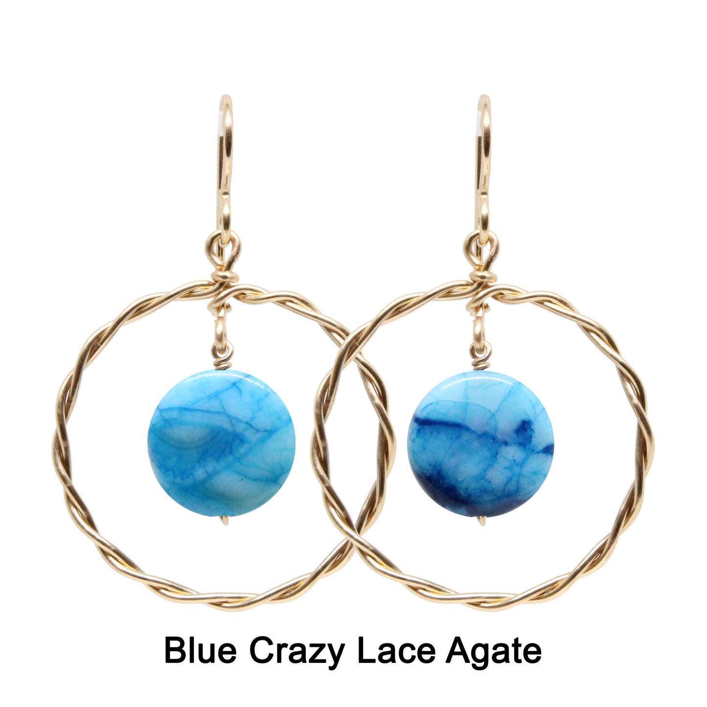 Twisted Wire Hoop Earrings / 45mm length / gold filled hook earwires / coin bead gemstones / select from one of 6 choices