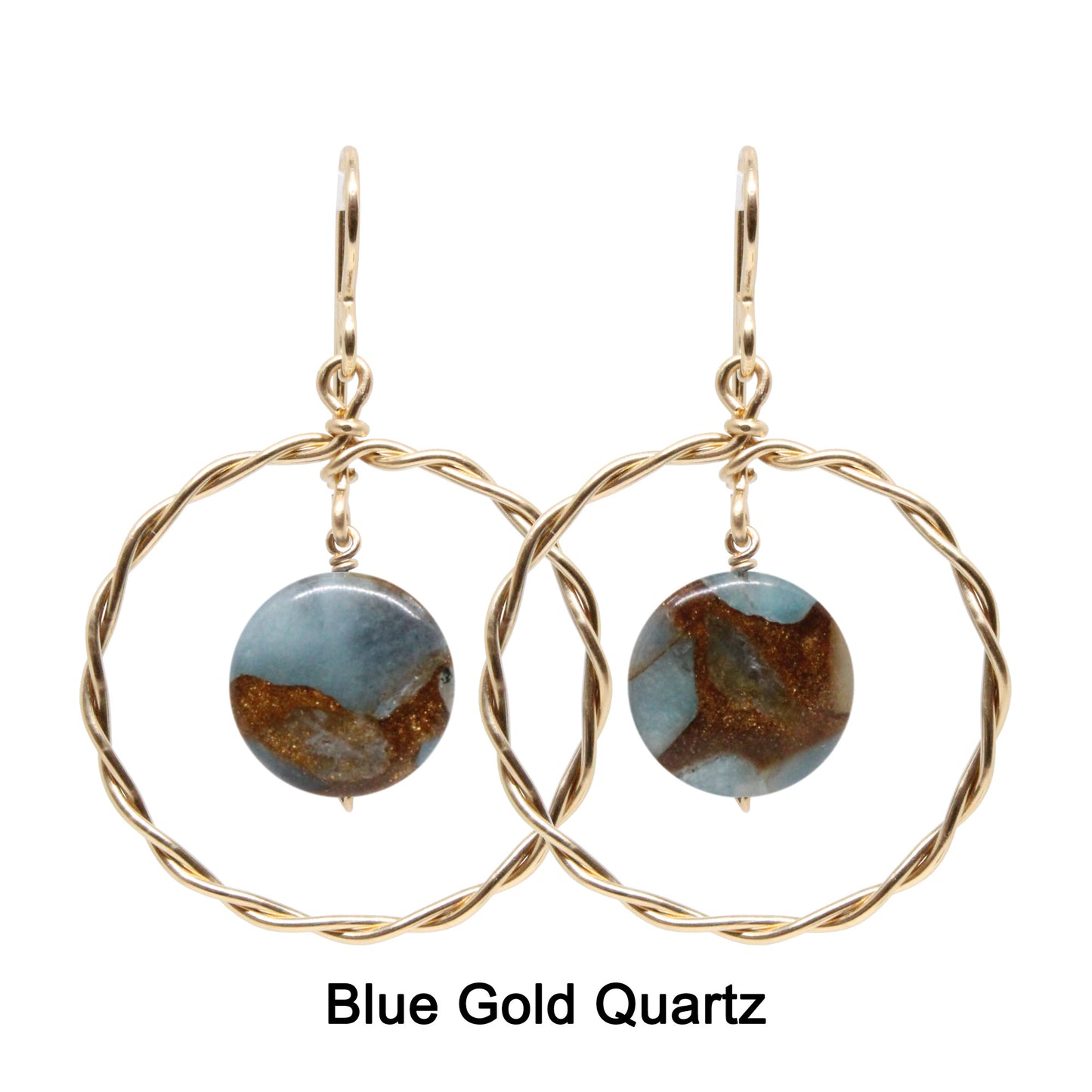 Twisted Wire Hoop Earrings / 45mm length / gold filled hook earwires / coin bead gemstones / select from one of 6 choices