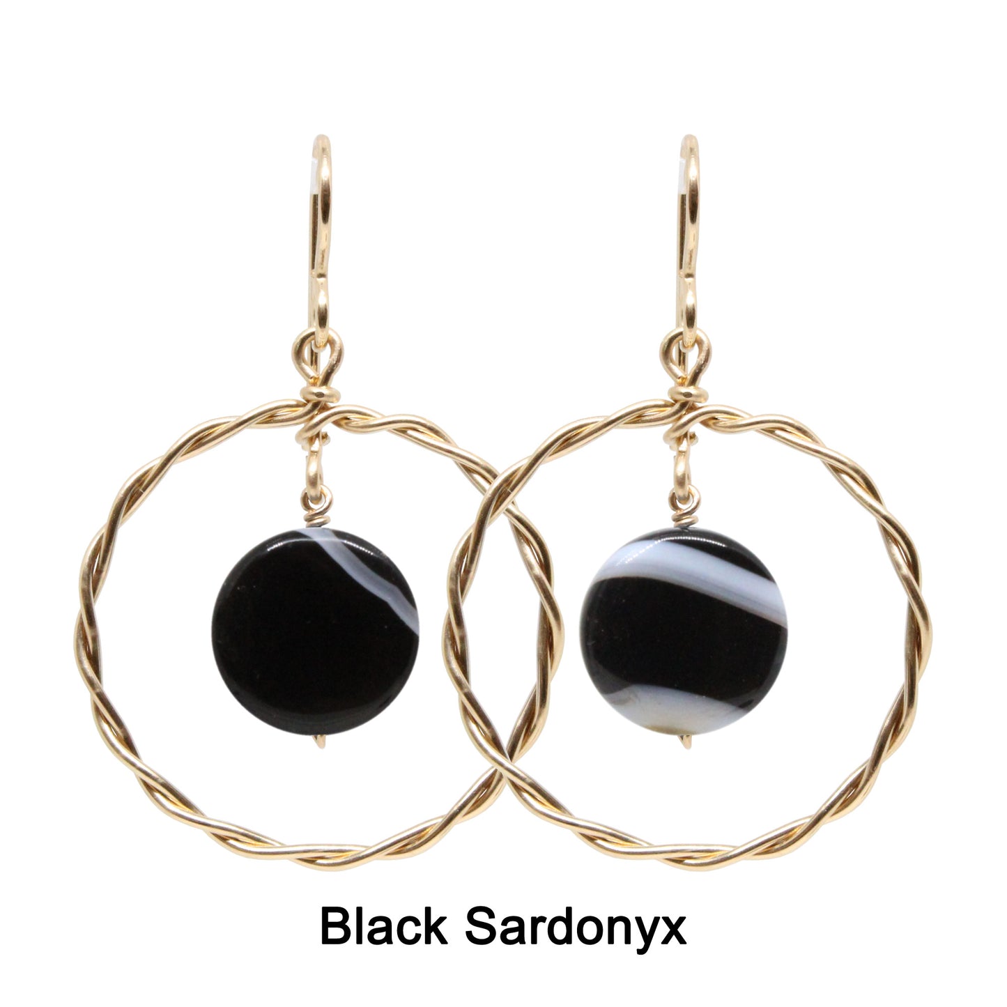 Twisted Wire Hoop Earrings / 45mm length / gold filled hook earwires / coin bead gemstones / select from one of 6 choices