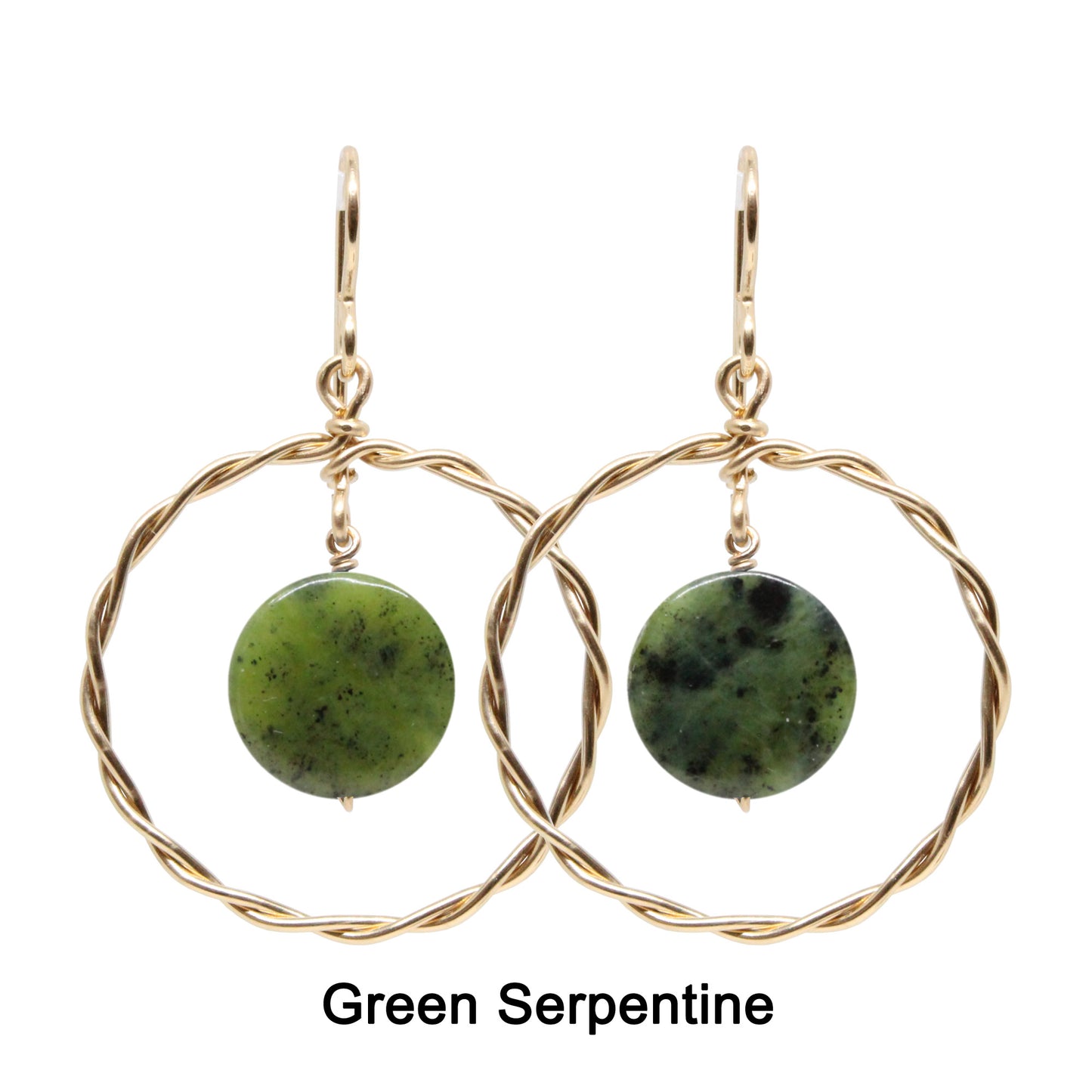 Twisted Wire Hoop Earrings / 45mm length / gold filled hook earwires / coin bead gemstones / select from one of 6 choices