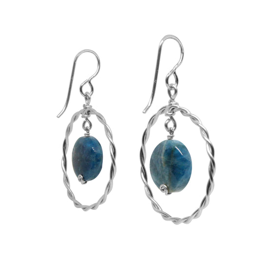 Twisted Wire Hoop Earrings / 45mm length / sterling silver hook earwires / coin bead gemstones / select from one of 6 choices