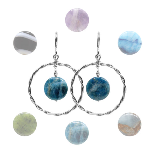 Twisted Wire Hoop Earrings / 45mm length / sterling silver hook earwires / coin bead gemstones / select from one of 6 choices