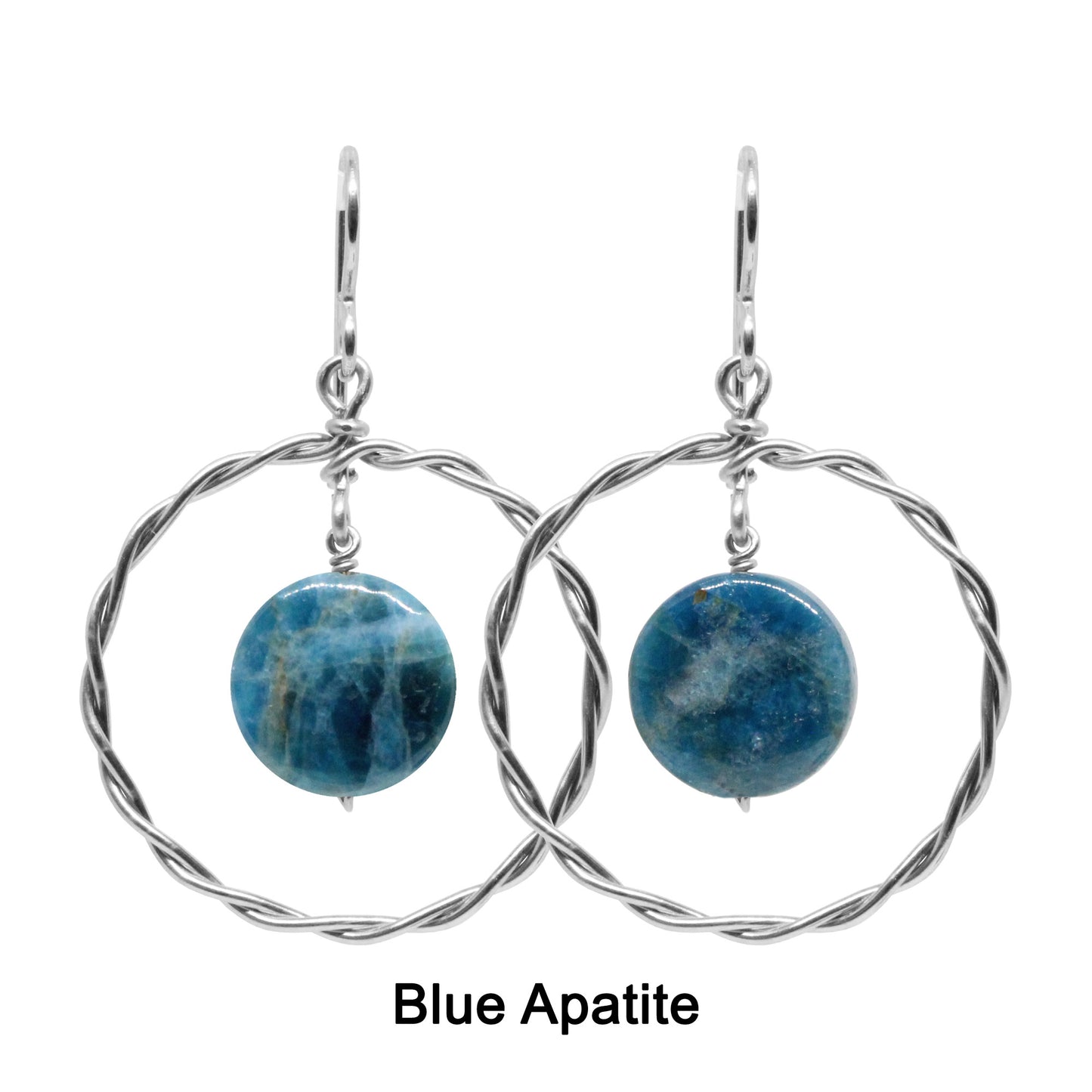 Twisted Wire Hoop Earrings / 45mm length / sterling silver hook earwires / coin bead gemstones / select from one of 6 choices