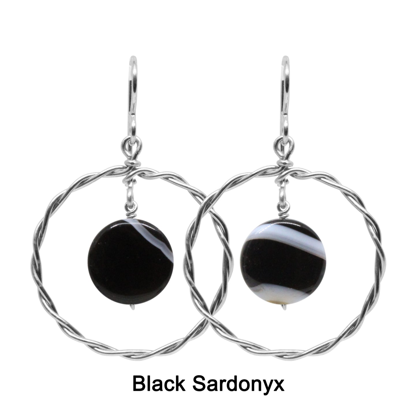 Twisted Wire Hoop Earrings / 45mm length / sterling silver hook earwires / coin bead gemstones / select from one of 6 choices