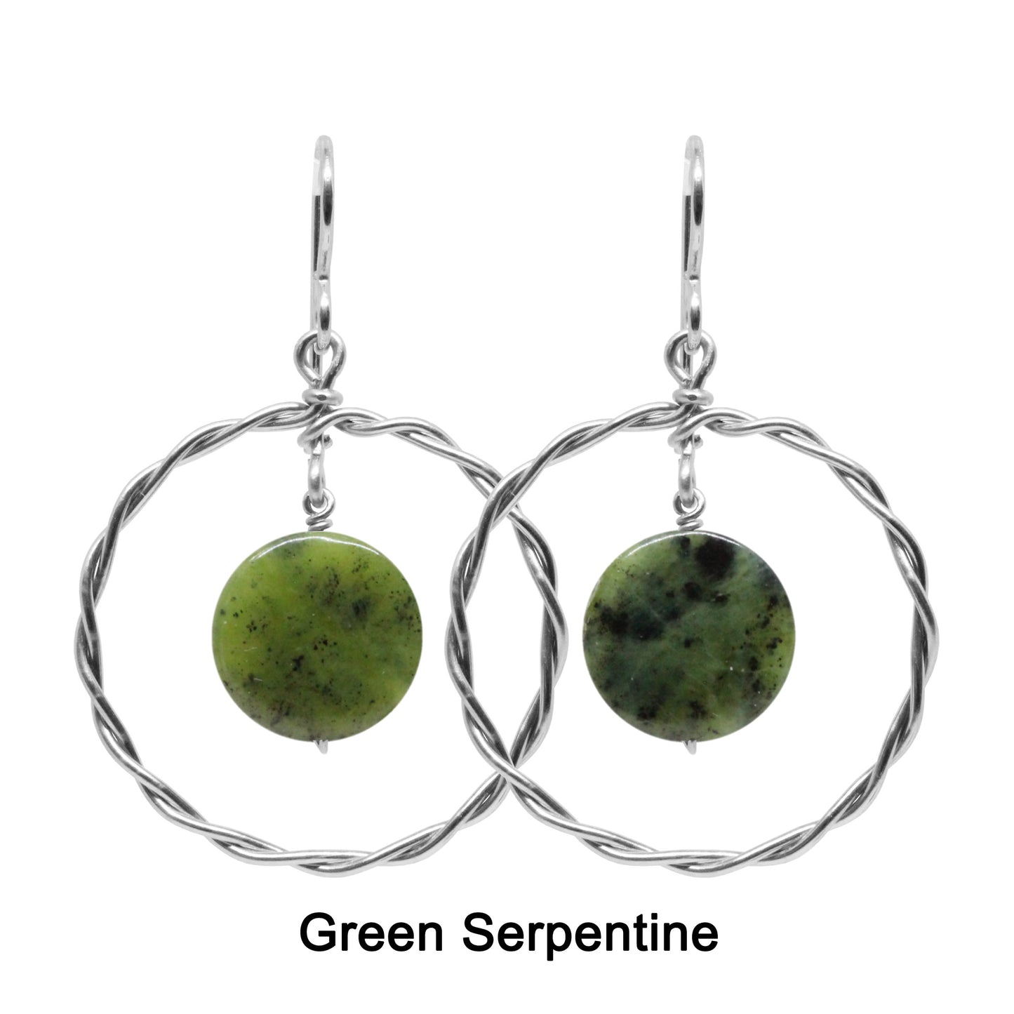 Twisted Wire Hoop Earrings / 45mm length / sterling silver hook earwires / coin bead gemstones / select from one of 6 choices