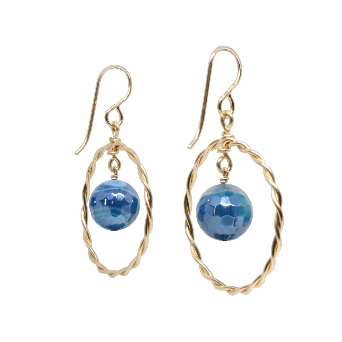 Twisted Wire Hoop Earrings / 45mm length / gold filled hook hook earwires / faceted agate beads / choose from sea blue, seafoam or purple