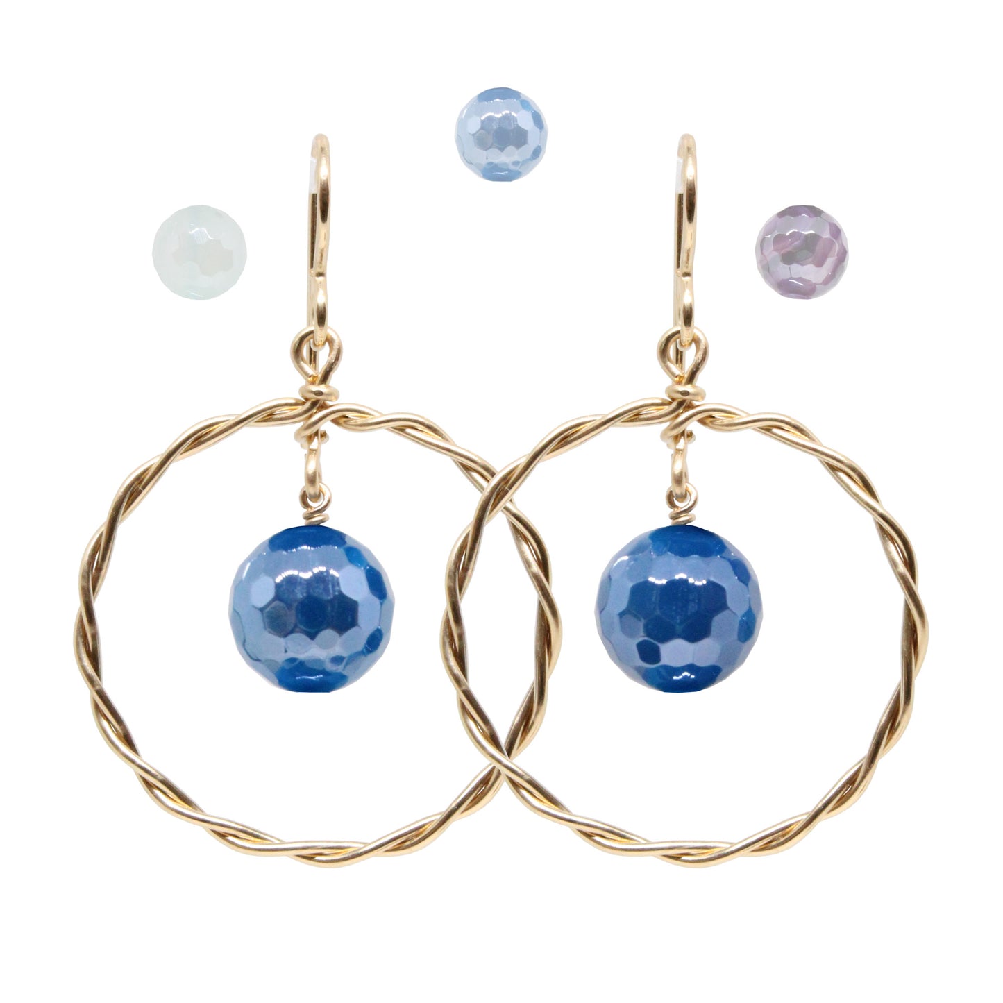 Twisted Wire Hoop Earrings / 45mm length / gold filled hook hook earwires / faceted agate beads / choose from sea blue, seafoam or purple