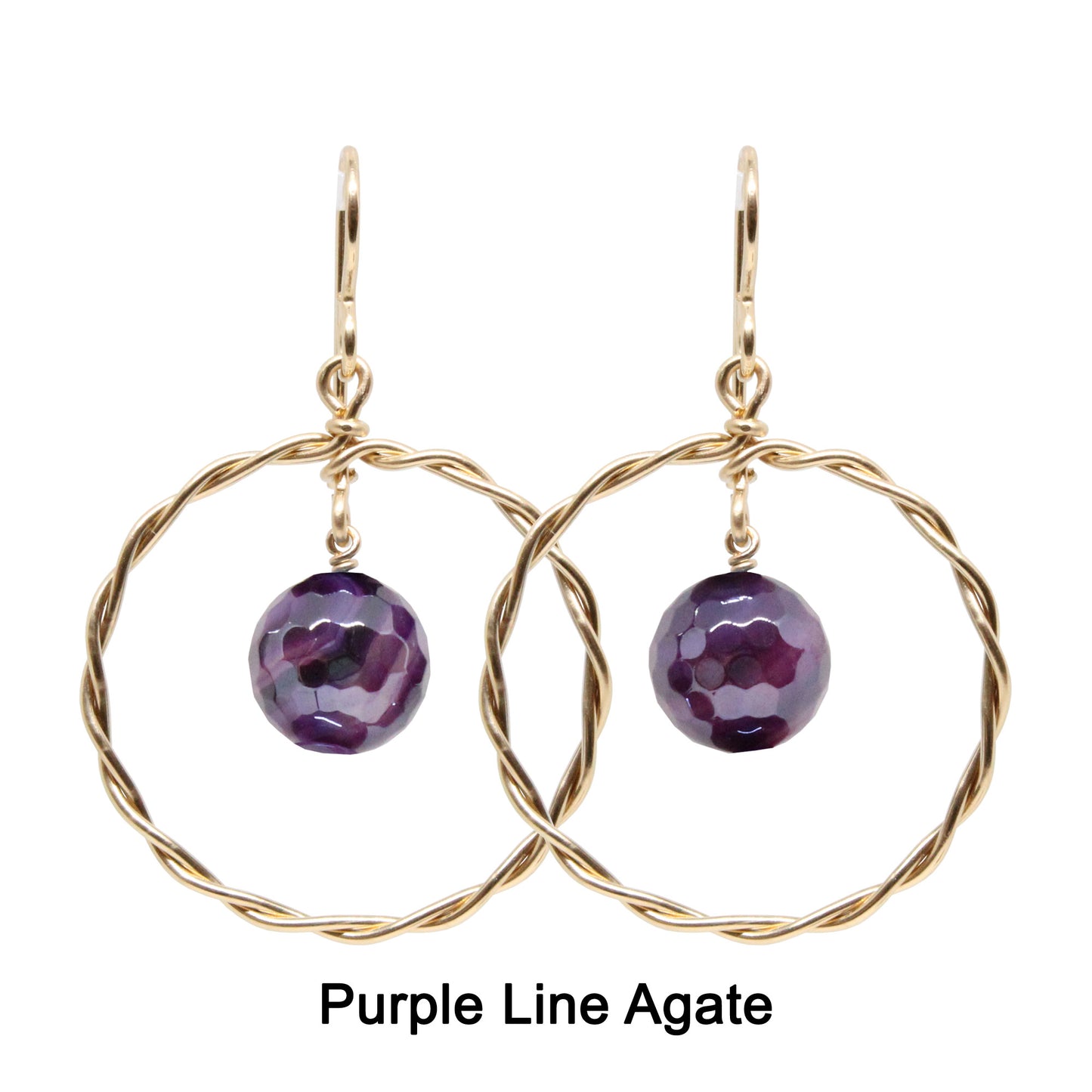 Twisted Wire Hoop Earrings / 45mm length / gold filled hook hook earwires / faceted agate beads / choose from sea blue, seafoam or purple