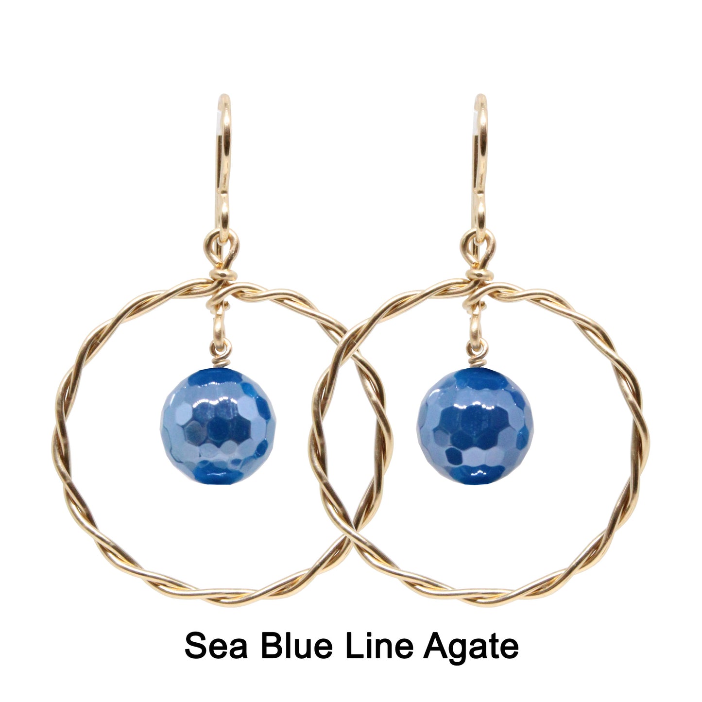 Twisted Wire Hoop Earrings / 45mm length / gold filled hook hook earwires / faceted agate beads / choose from sea blue, seafoam or purple