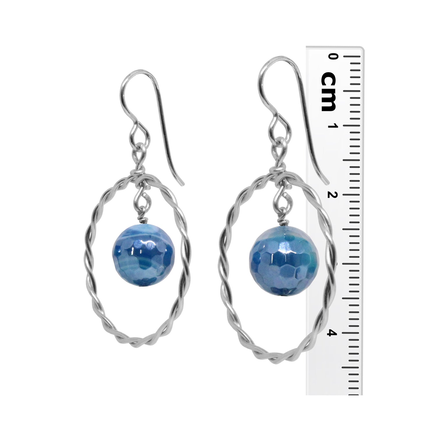 Twisted Wire Hoop Earrings / 45mm length / sterling silver hook hook earwires / faceted agate beads / choose from sea blue, seafoam or purple