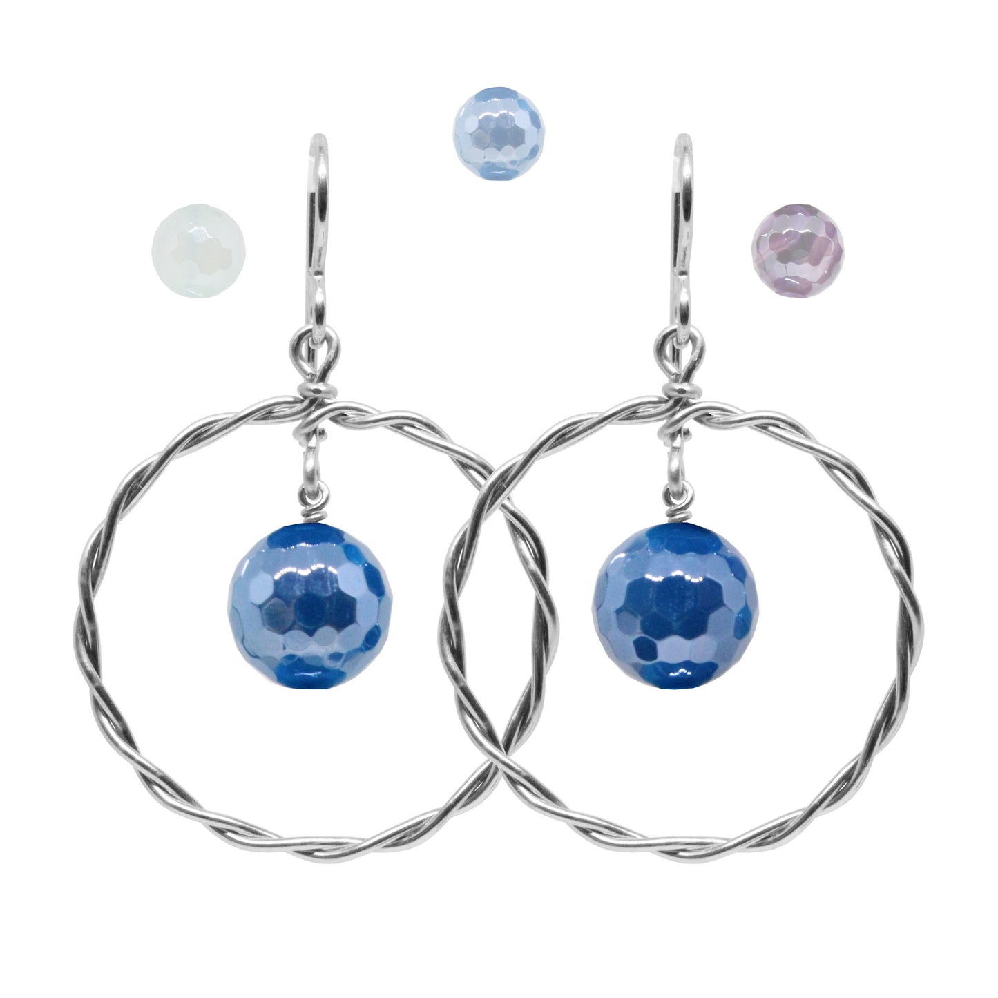 Twisted Wire Hoop Earrings / 45mm length / sterling silver hook hook earwires / faceted agate beads / choose from sea blue, seafoam or purple