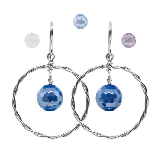 Twisted Wire Hoop Earrings / 45mm length / sterling silver hook hook earwires / faceted agate beads / choose from sea blue, seafoam or purple