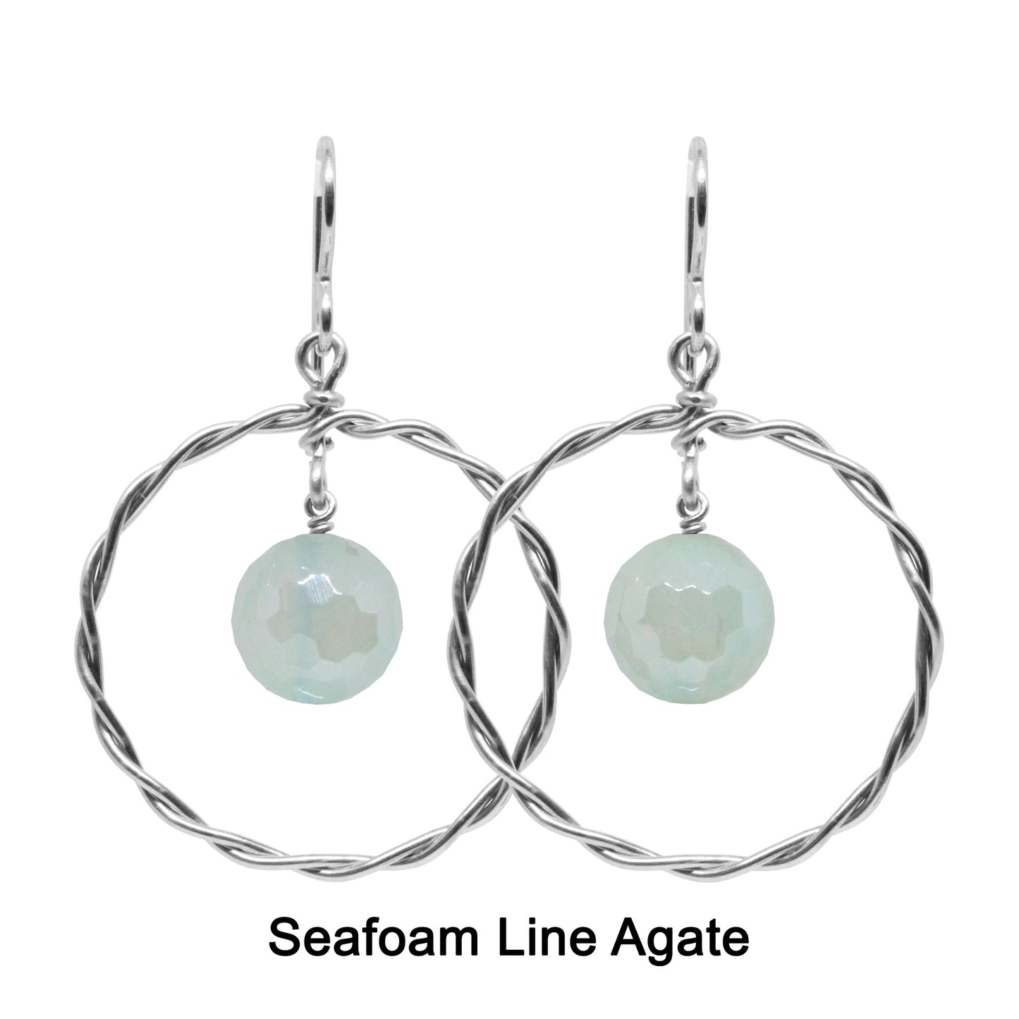 Twisted Wire Hoop Earrings / 45mm length / sterling silver hook hook earwires / faceted agate beads / choose from sea blue, seafoam or purple