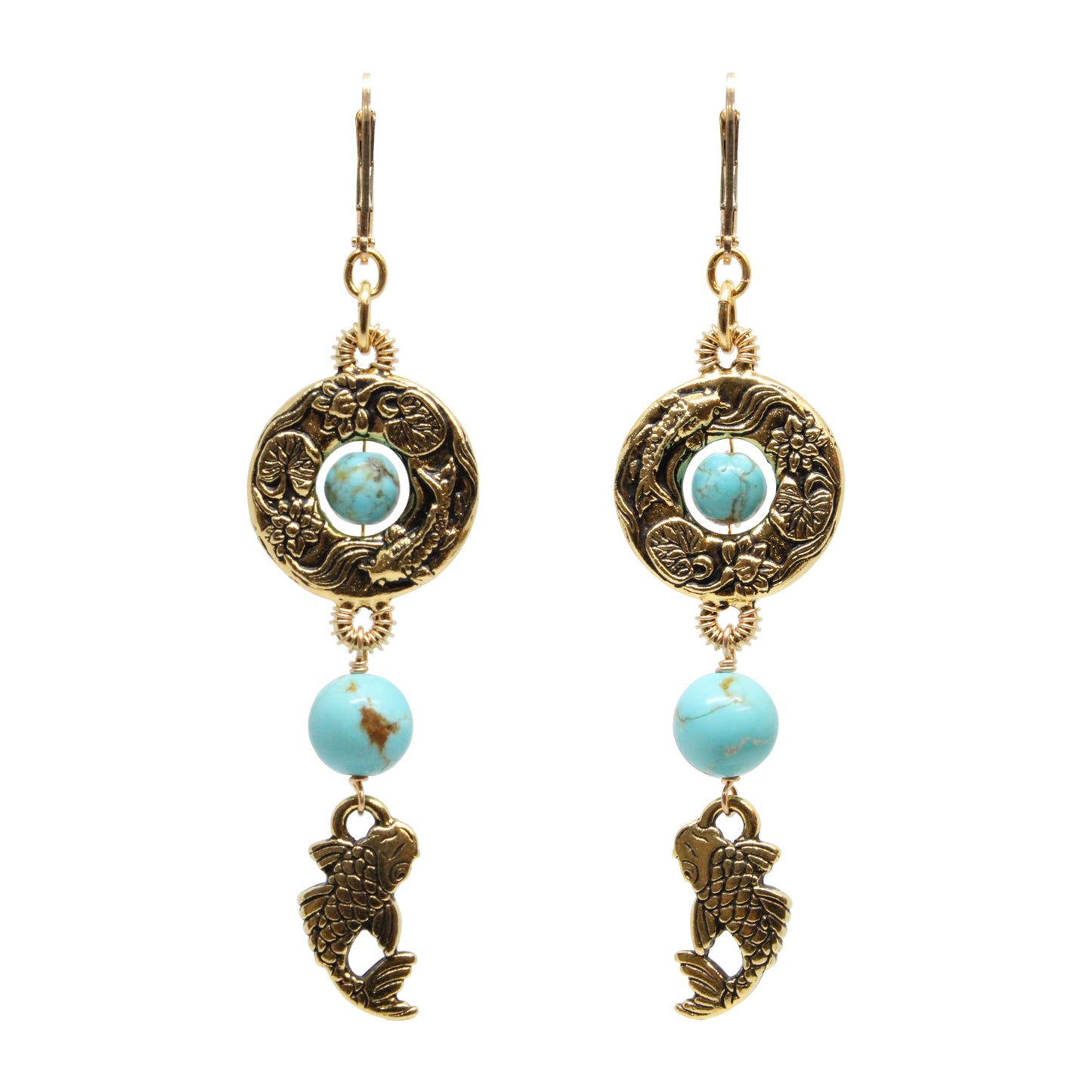 Koi Pond Earrings / 75mm length / #8 Mine turquoise gemstones / gold filled leverback earwires