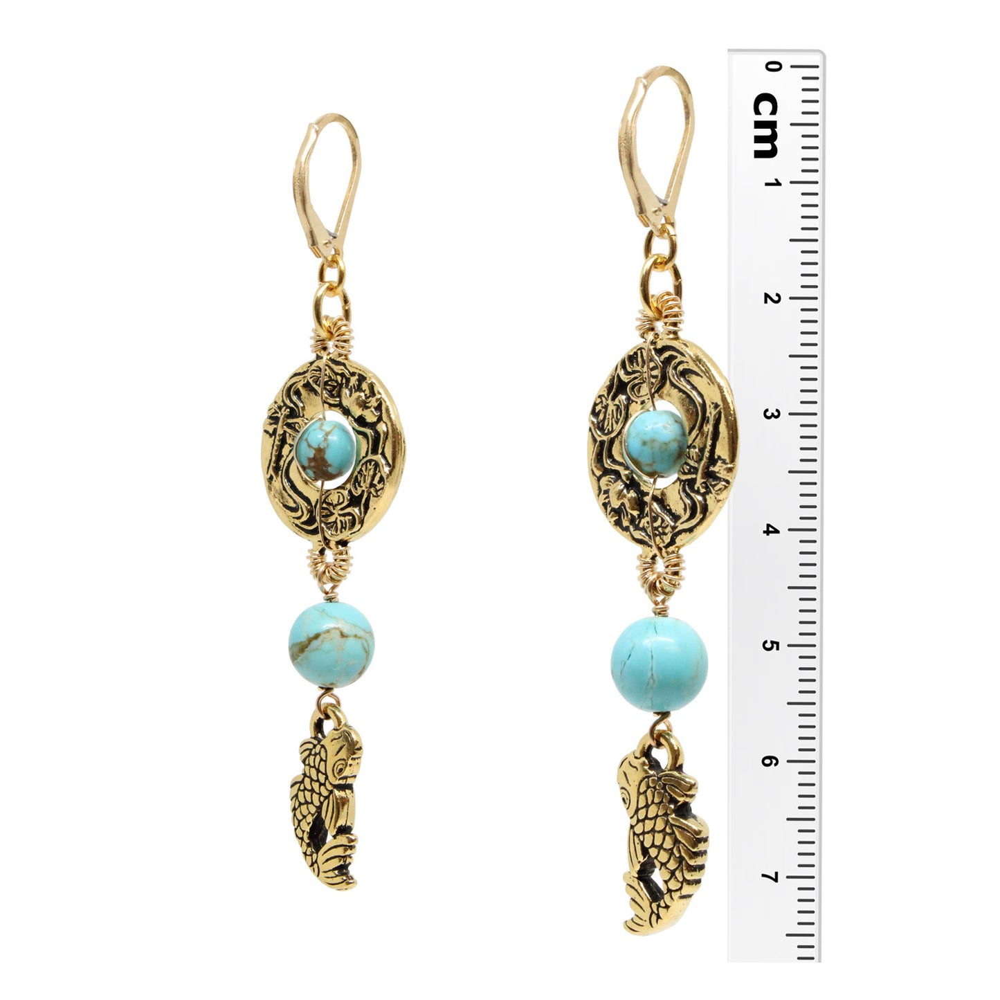 Koi Pond Earrings / 75mm length / #8 Mine turquoise gemstones / gold filled leverback earwires