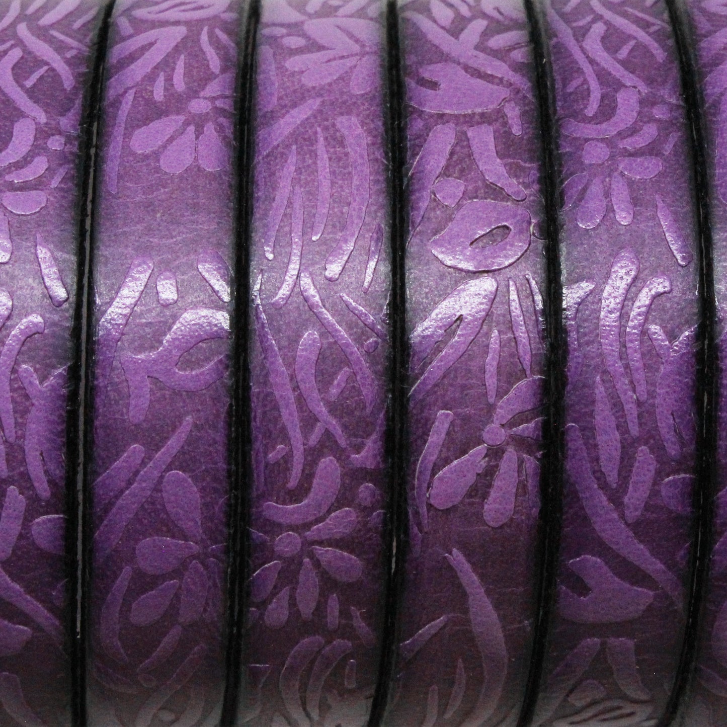 PURPLE Embossed Floral 10mm Flat Leather Strap / sold by the foot / 10 mm wide x 2 mm thick