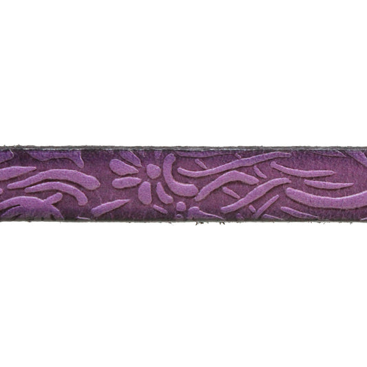 PURPLE Embossed Floral 10mm Flat Leather Strap / sold by the foot / 10 mm wide x 2 mm thick