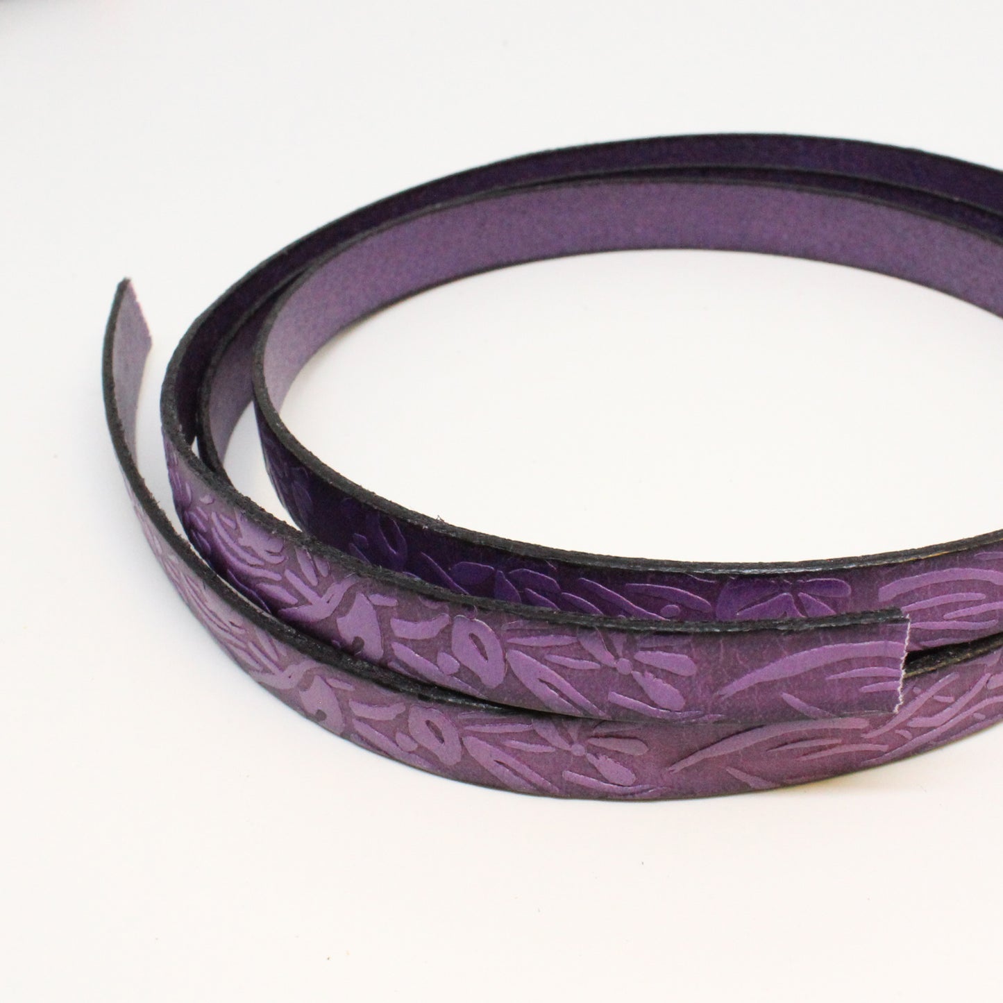 PURPLE Embossed Floral 10mm Flat Leather Strap / sold by the foot / 10 mm wide x 2 mm thick