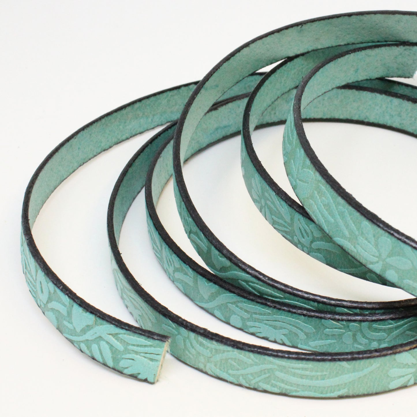 TURQUOISE Embossed Floral 10mm Flat Leather Strap / sold by the foot / 10 mm wide x 2 mm thick